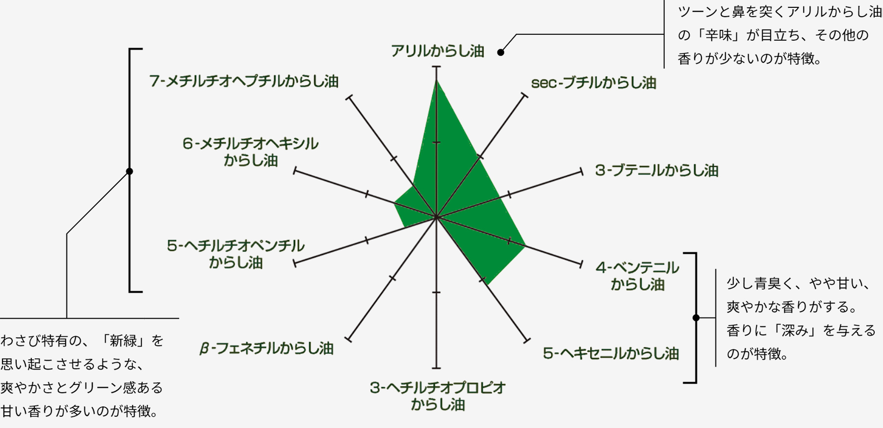 ツーンと鼻を突くアリルからし油の「辛味」が目立ち、その他の香りが少ないのが特徴。 わさび特有の、「新緑」を思い起こさせるような、爽やかさとグリーン感ある甘い香りが多いのが特徴。 少し青臭く、やや甘い、爽やかな香りがする。香りに「深み」を与えるのが特徴。